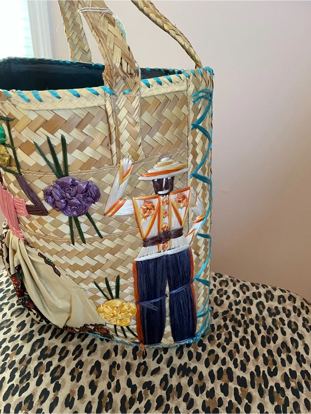 Embroidered Straw Vintage Tote Bag in Natural with Multicolor Accents